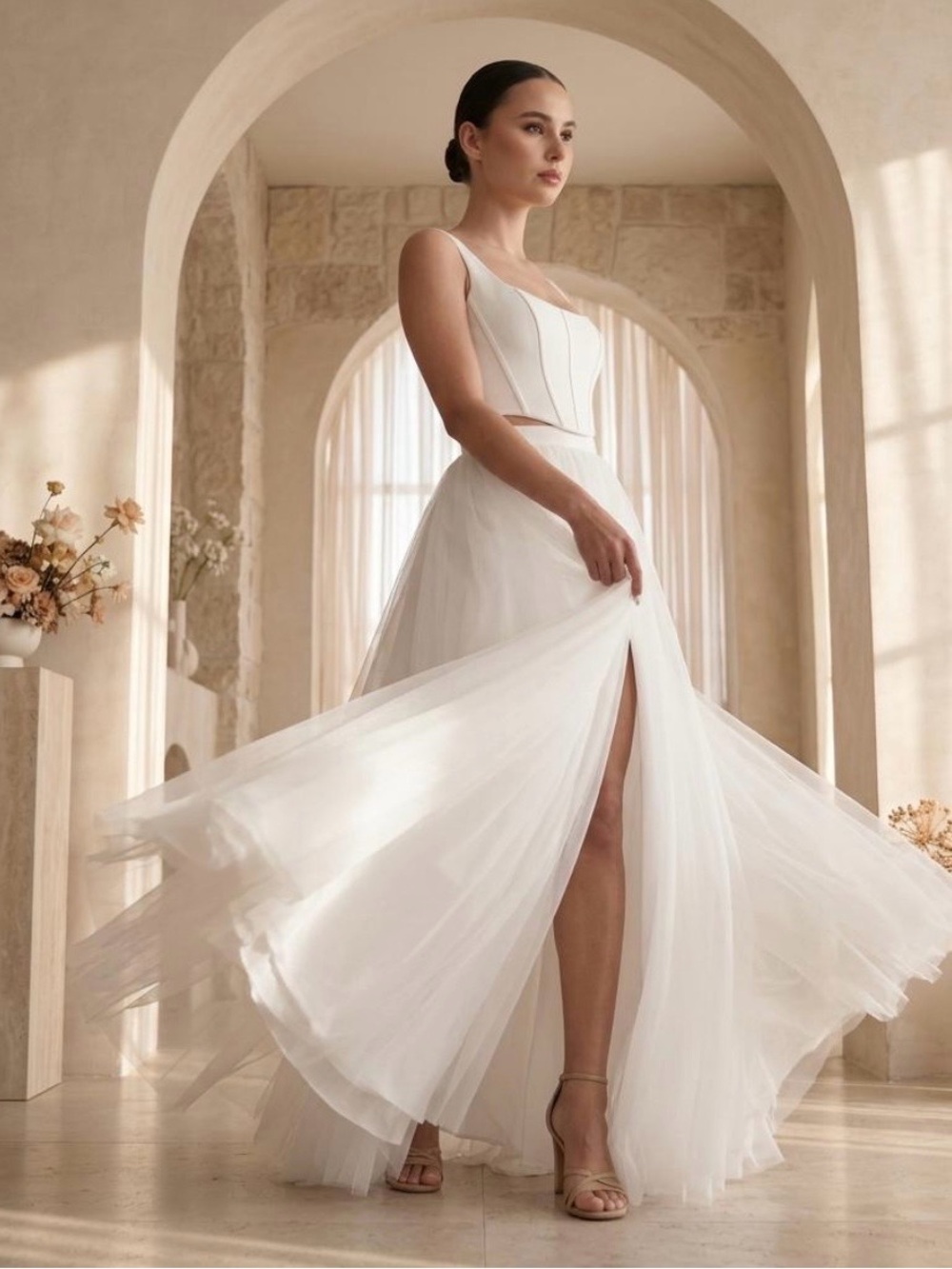 Elegant White Two-Piece Tulle Maxi Dress with High Slit